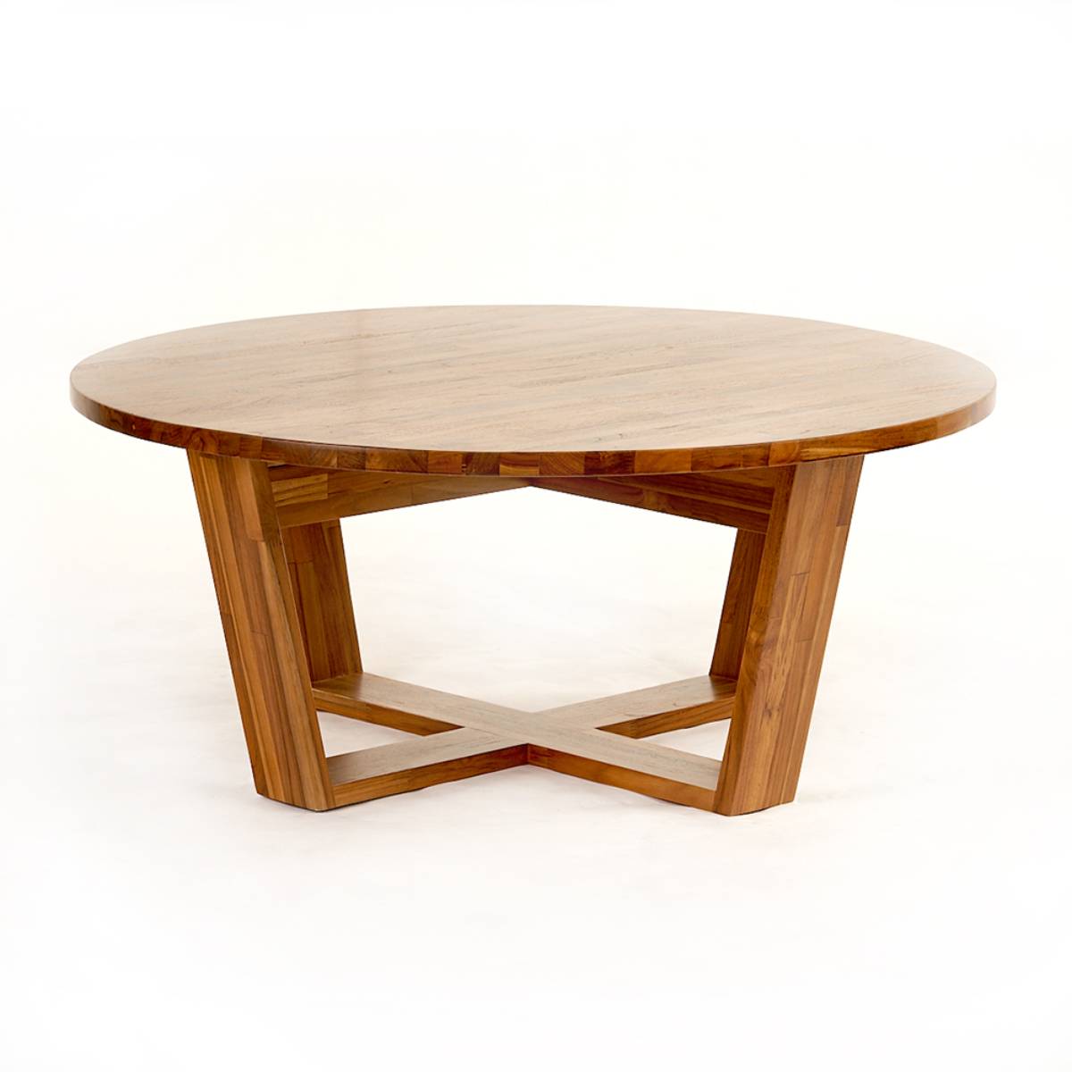 A round wooden table with a polished surface and modern geometric base made of intersecting support beams. The table appears sturdy and stylish with a clean, contemporary design.