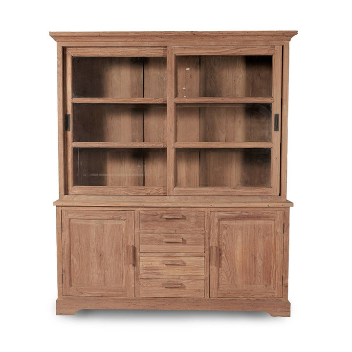 Mueble tipo alacena de madera con vitrina superior de puertas corredizas de vidrio y parte inferior con cajones y puertas. El diseño es rústico y completamente realizado en madera natural sin barniz visible.