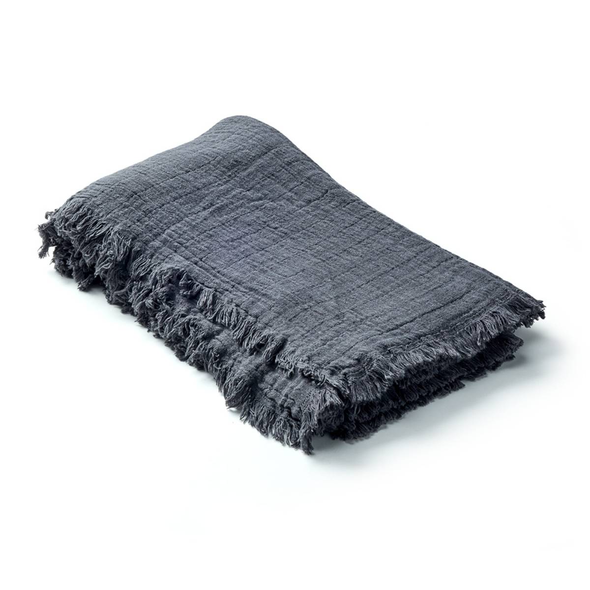 Manta de tela arrugada color gris oscuro, doblada, con bordes desflecados. No contiene inscripciones visibles o elementos gráficos adicionales.