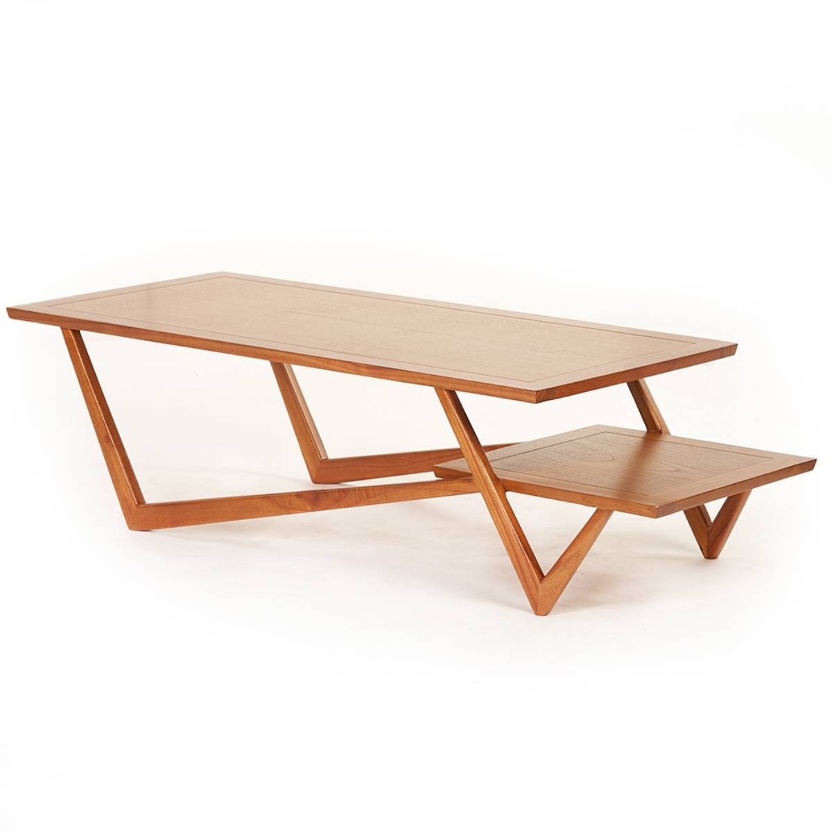 A modern wooden coffee table with an asymmetrical design featuring angled legs and a two-tiered surface, one smaller platform lower than the main top.