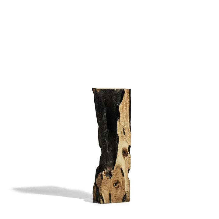 Bloque rectangular vertical de madera con superficie rústica, que combina zonas calcinadas negras con vetas naturales de la madera clara. La pieza presenta nudos y texturas naturales visibles.