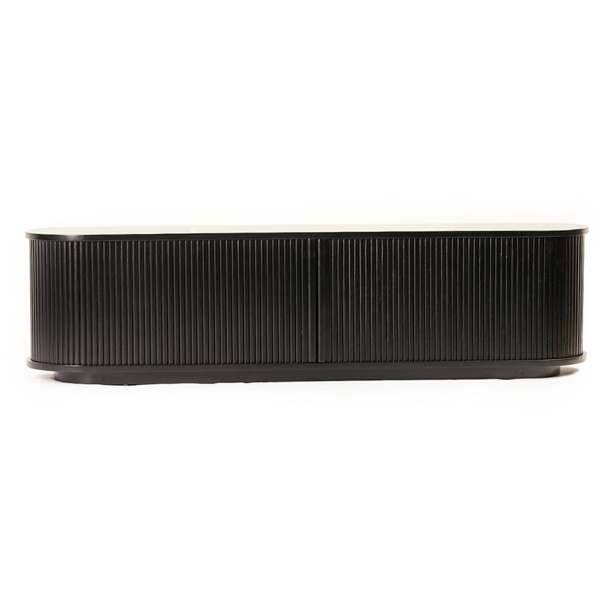 Mueble bajo de madera con diseño moderno en color negro mate y acabado acanalado en el frente. Tiene una forma rectangular con bordes redondeados y sin detalles escritos visibles.