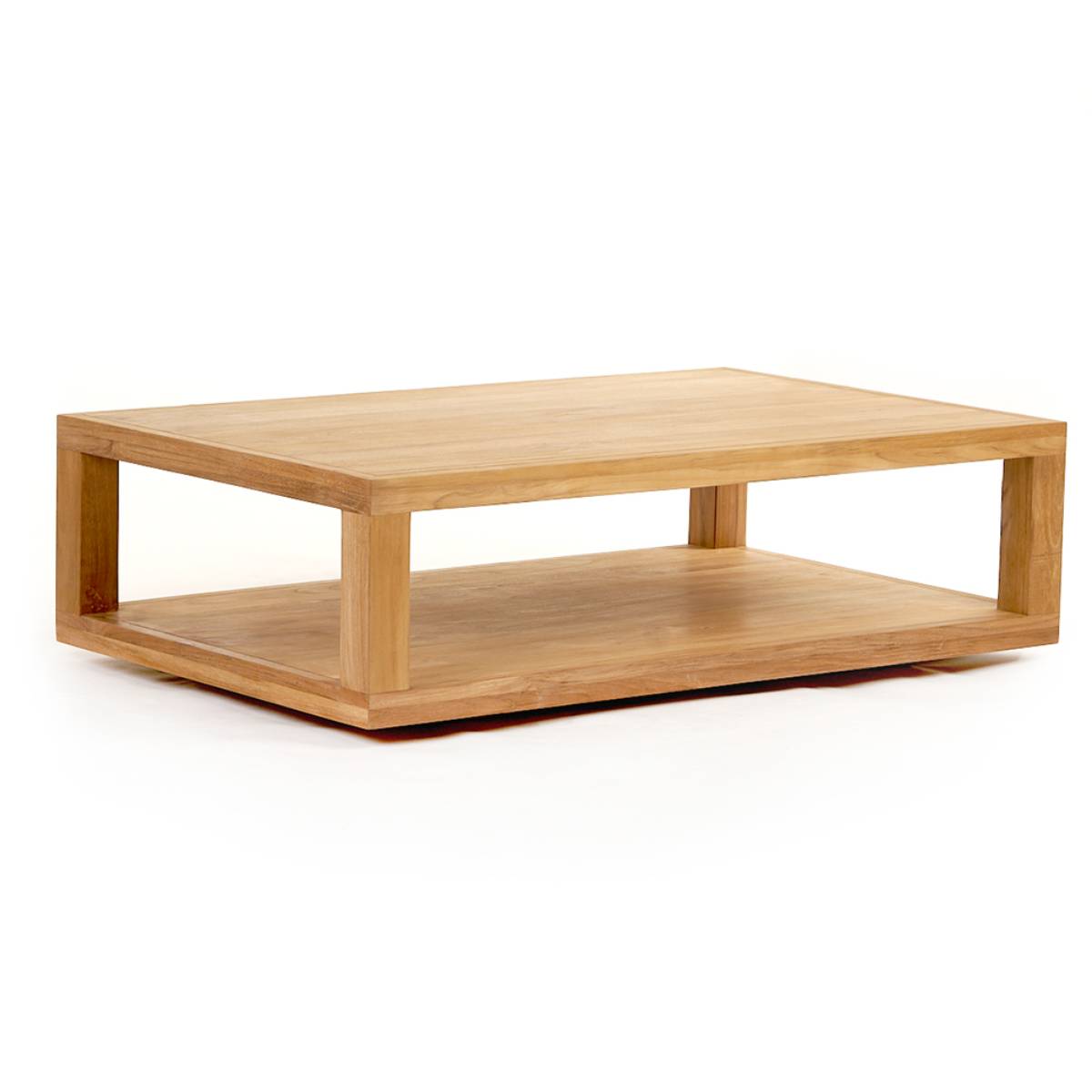 A rectangular wooden coffee table with a minimalist, open frame design and a lower shelf, constructed in light natural wood tones.