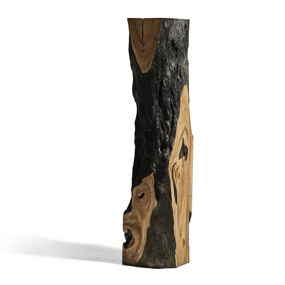Tronco tallado parcialmente conservando su forma y textura natural, con una combinación de madera clara pulida y zonas ennegrecidas de textura rugosa. El objeto tiene una apariencia escultórica y rústica.