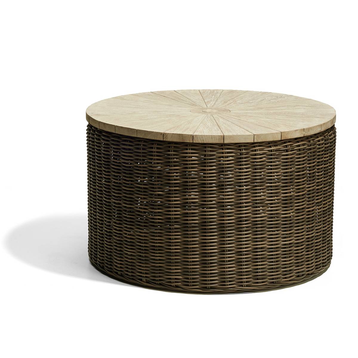 A round table with a light wood top featuring a sunburst pattern and a base made of dark brown woven rattan material.