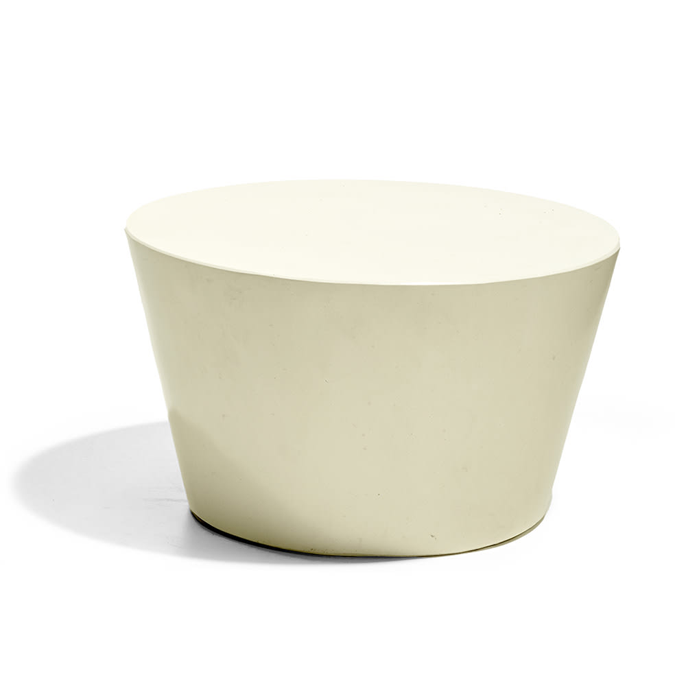 A modern, round tapered coffee table with a smooth surface and a matte cream finish.